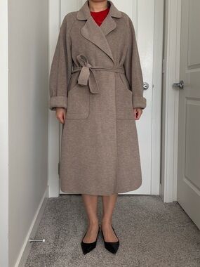 Oatmeal Double-Faced Wool Coat Women Oversized Belted Long Coat 100% Wool Size L